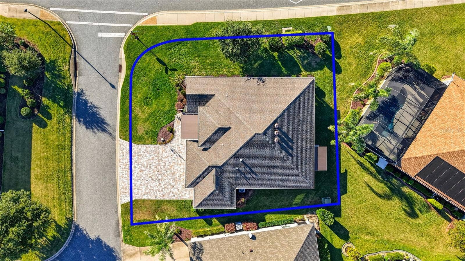 1793 WAX BERRY COURT, The Villages, FL 32163 Aerial Side Elevation with Large Corner Lot and Property Lines