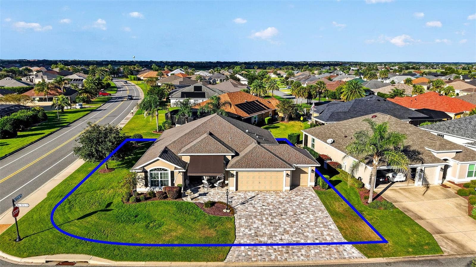 1793 WAX BERRY COURT, The Villages, FL 32163 Aerial Front Elevation with Large Corner Lot and Property Lines