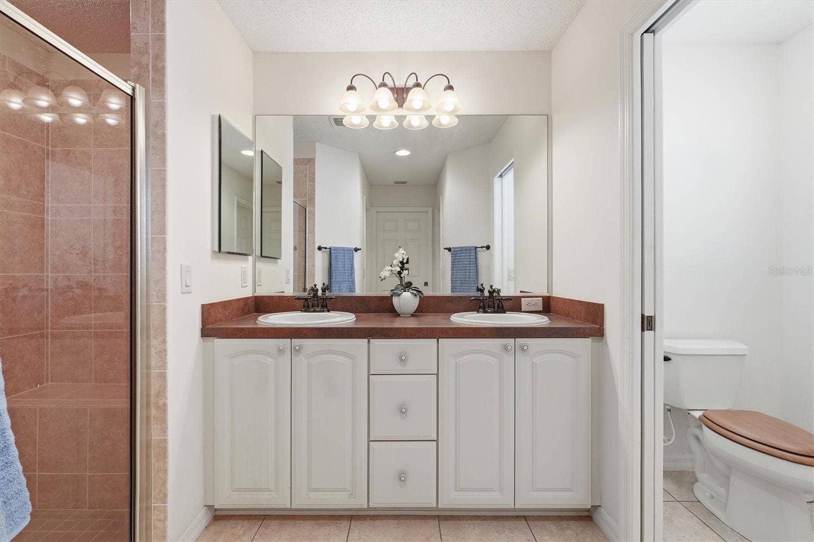 1563 EASTOVER TERRACE, The Villages, FL 32162 Primary Bathroom has Dual Sinks, High Countertops, Tile Shower, and Private Toilet Room.