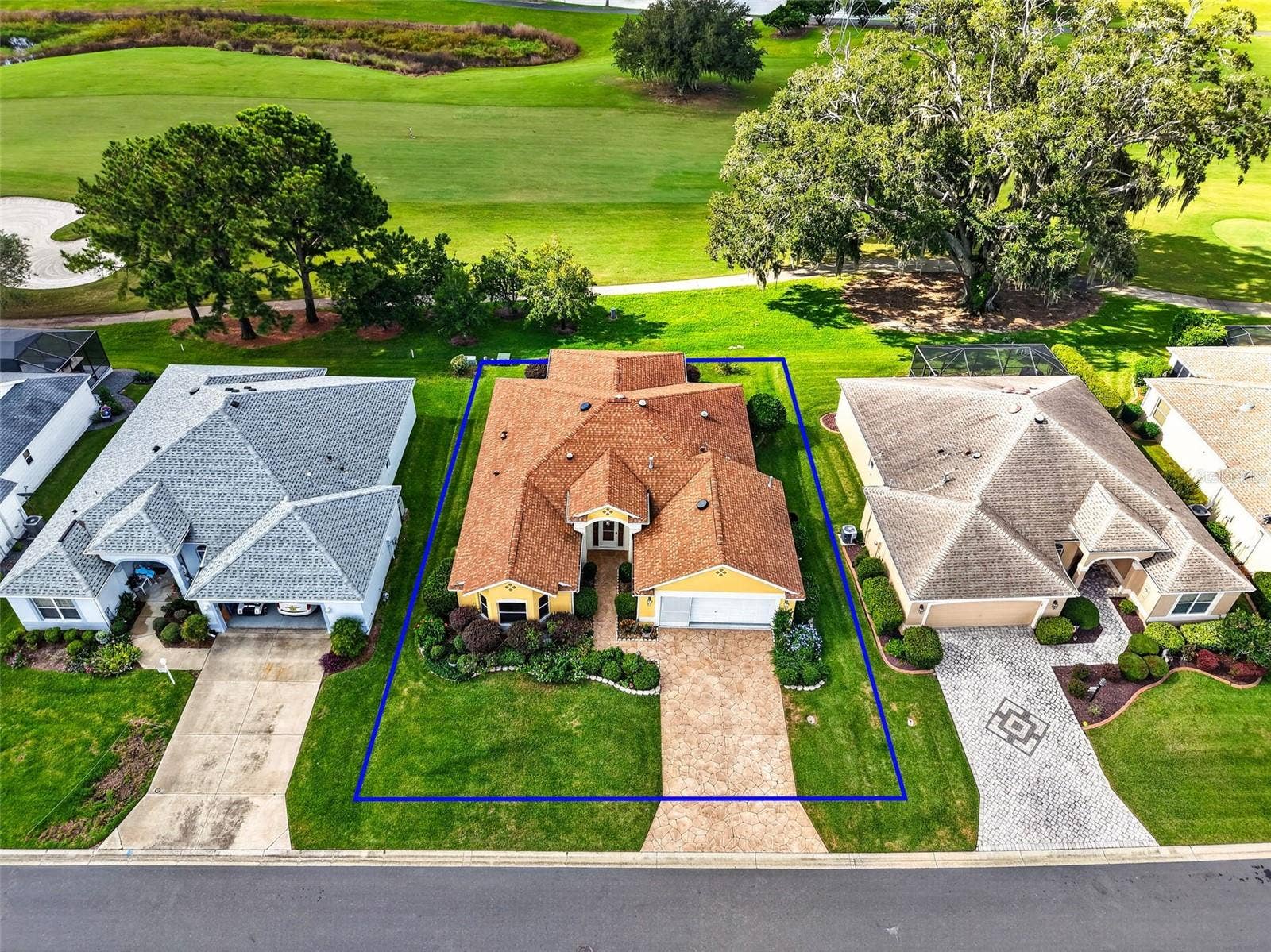 16840 SE 85TH SAPELO COURT, The Villages, FL 32162 Aerial Front Elevation with Property Lines and GOLF and WATER VIEWS!