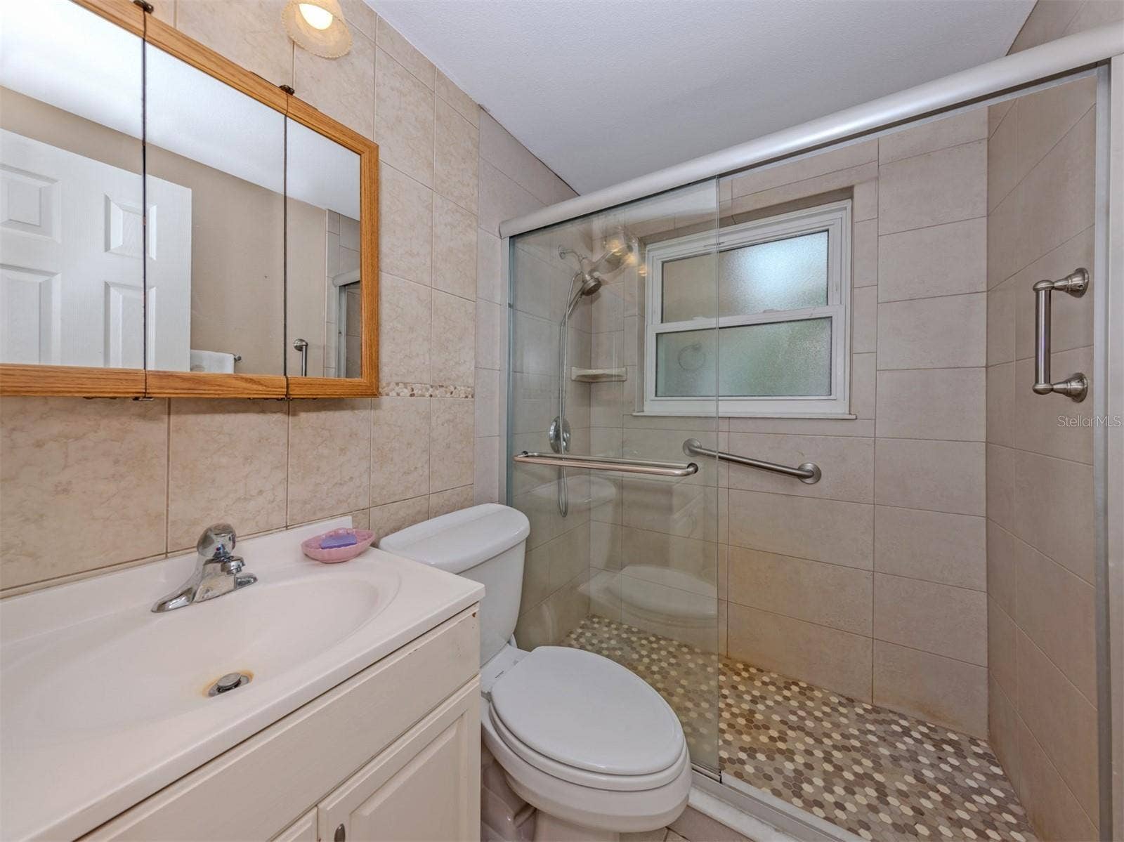 Updated bath with walking shower