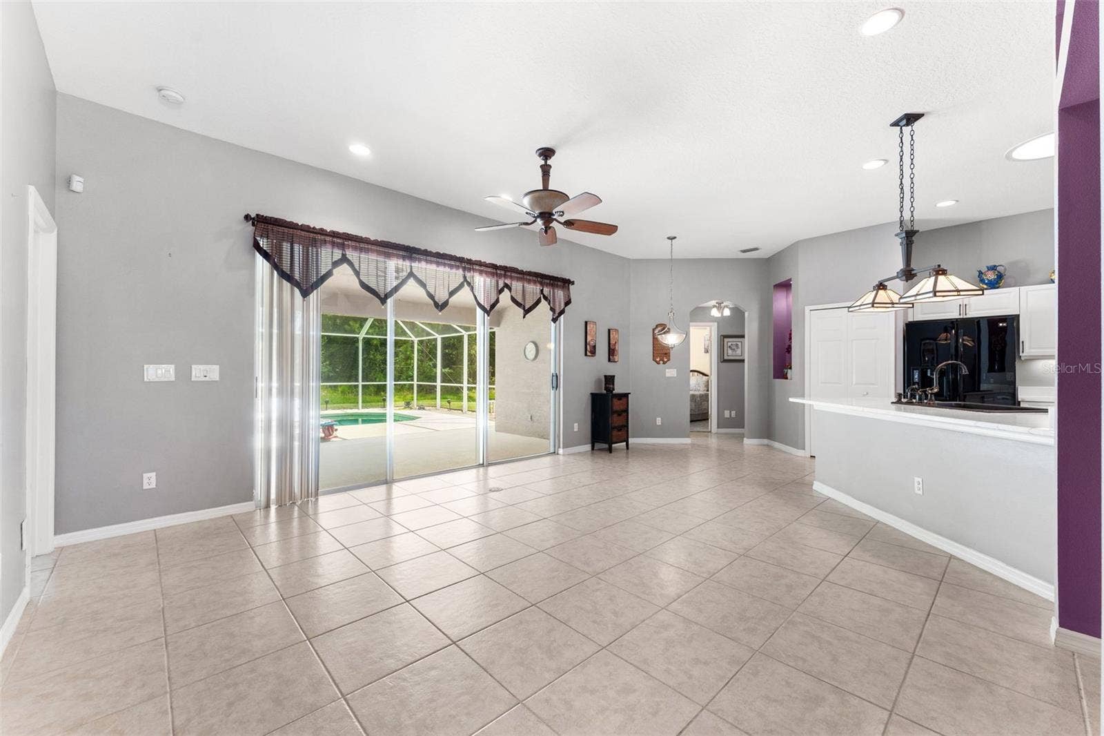 View to kitchen and pool.