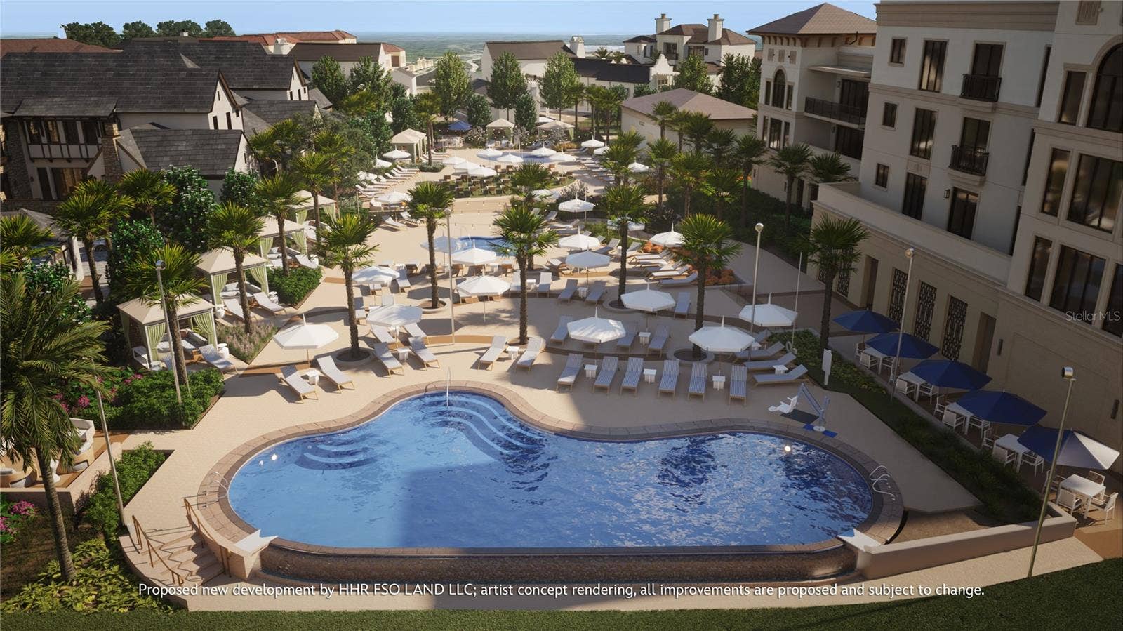 Perfectly situated between the Luxe Residences and Boutique Homes will be a lakeside oasis, featuring the pool and spa, rejuvenating water features, privacy cabanas with towel service and indoor-outdoor dining areas with fire pits and lounge seating. Artist concept rendering, all improvements are proposed and subject to change. Disney