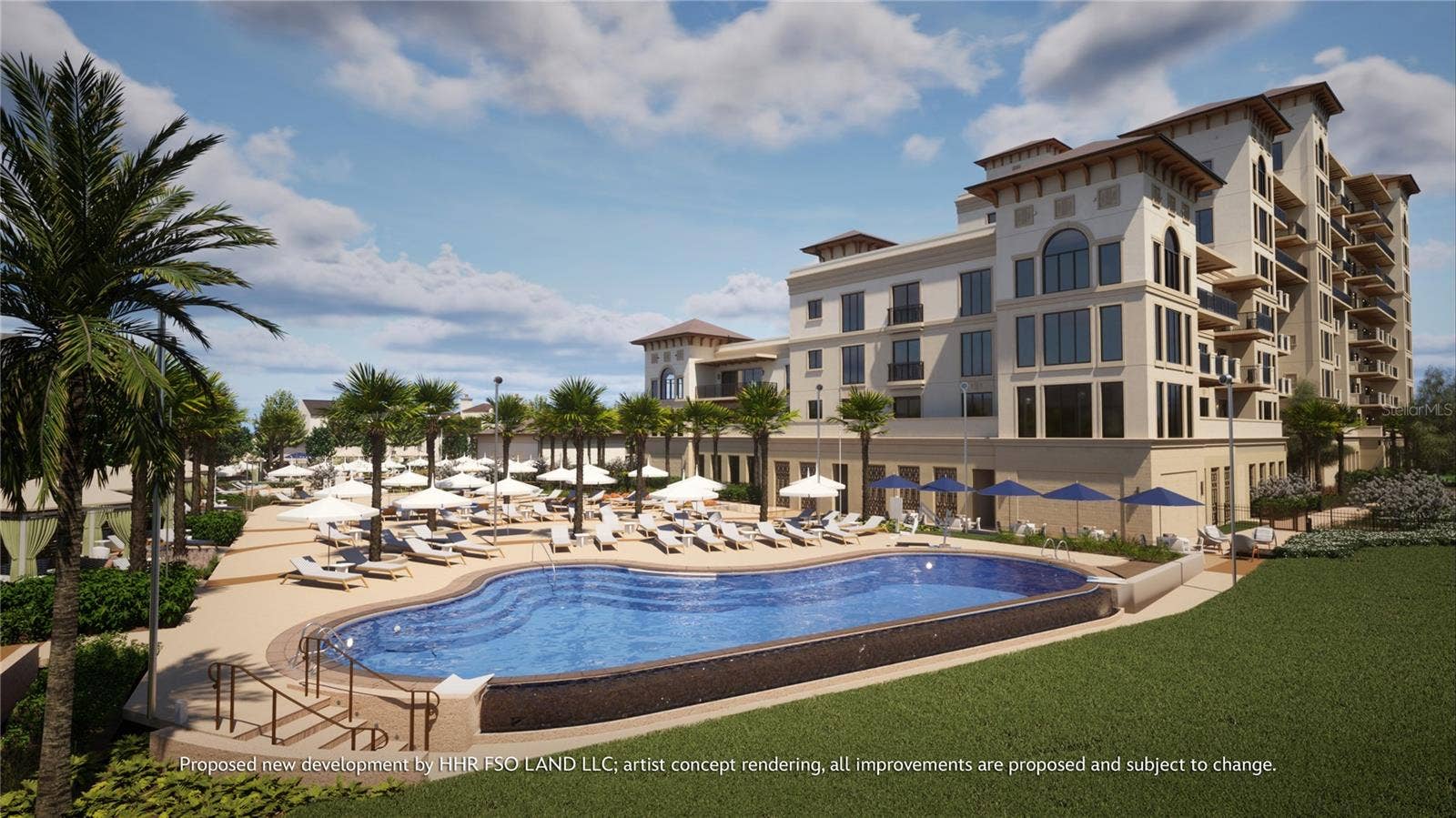 Perfectly situated between the Luxe Residences and Boutique Homes will be a lakeside oasis, featuring the pool and spa, rejuvenating water features, privacy cabanas with towel service and indoor-outdoor dining areas with fire pits and lounge seating. Artist concept rendering, all improvements are proposed and subject to change. Disney