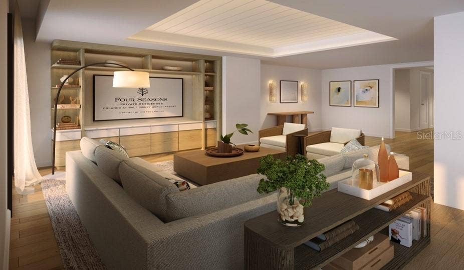 10160 AUTUMN MIST LANE, #205, Orlando, FL 32836 Artist Rendering. Spacious open concept living room with tongue and groove ceiling details and lighting