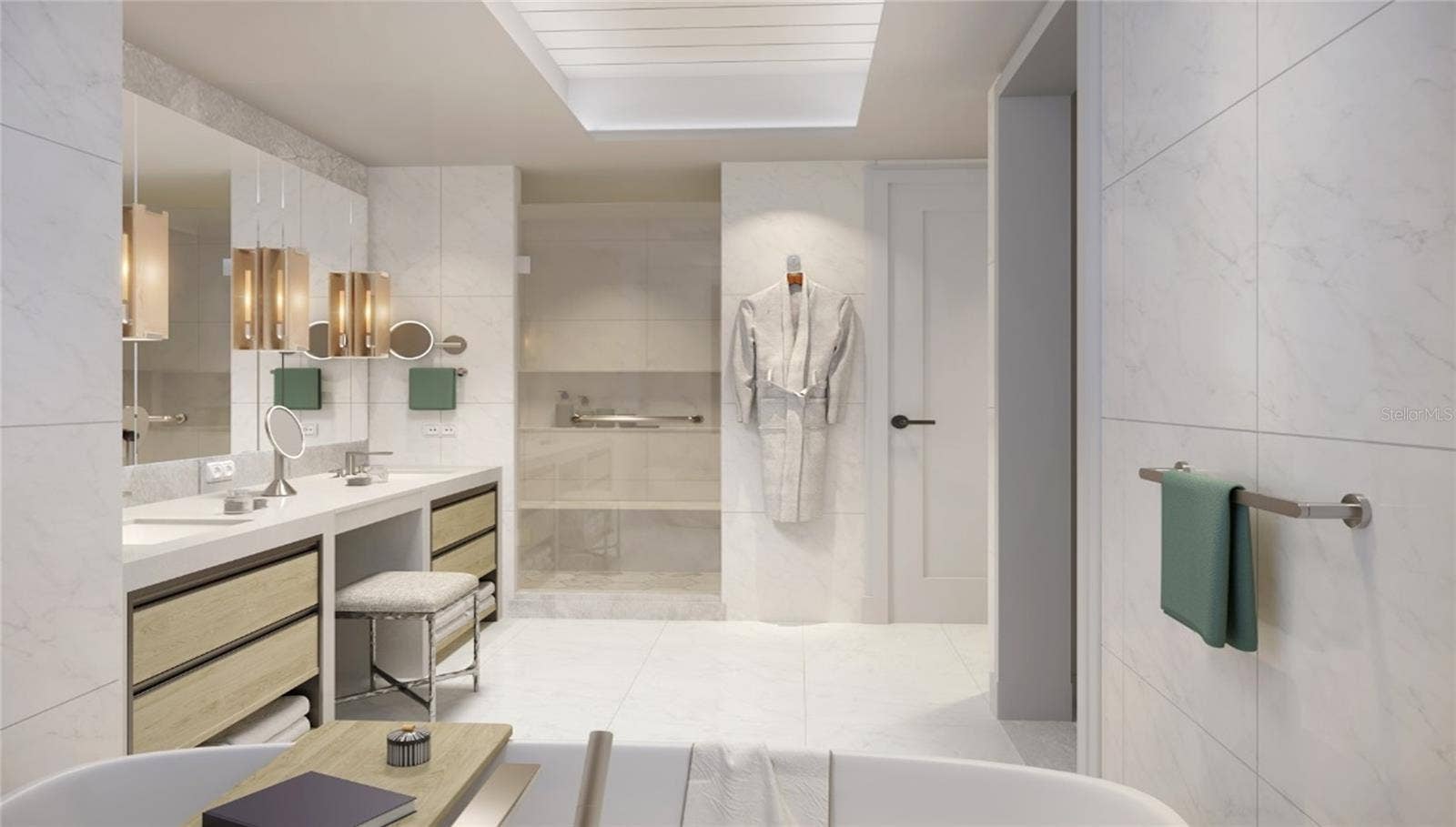 10160 AUTUMN MIST LANE, #205, Orlando, FL 32836 Artist Rendering. Luxurious primary bath featuring custom vanities, marble floors, walls and shower and lavish freestanding soaking tub.