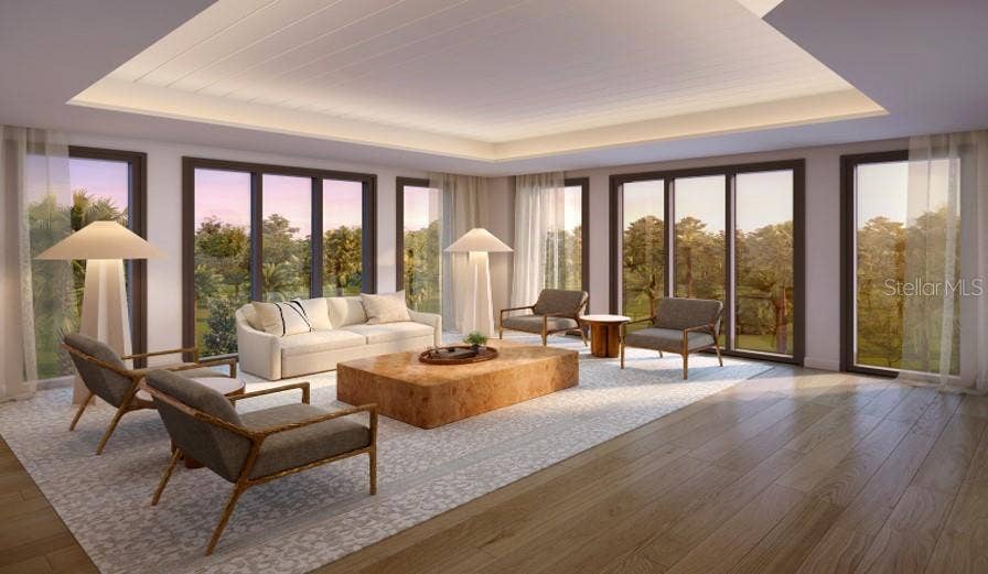 10160 AUTUMN MIST LANE, #205, Orlando, FL 32836 Artist Rendering. Spacious open concept living room with tongue and groove ceiling details and lighting