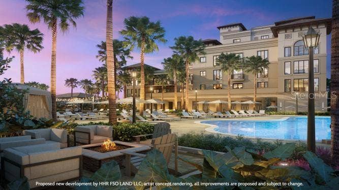 10160 AUTUMN MIST LANE, #800, Golden Oak, FL 32836 Perfectly situated between the luxe residences and boutique homes will be a lakeside oasis, featuring the pool and spa, rejuvenating water features, privacy cabanas with towel service and indoor-outdoor dining areas with fire pits and lounge seating. Artist concept rendering, all improvements are proposed and subject to change. Disney