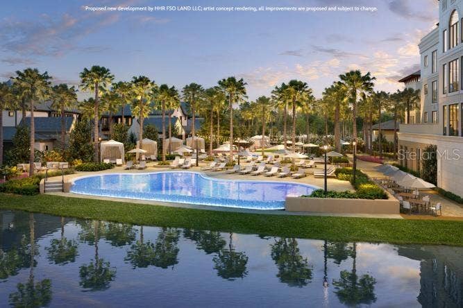 10160 AUTUMN MIST LANE, #800, Golden Oak, FL 32836 Perfectly situated between the luxe residences and boutique homes will be a lakeside oasis, featuring the pool and spa, rejuvenating water features, privacy cabanas with towel service and indoor-outdoor dining areas with fire pits and lounge seating. Artist concept rendering, all improvements are proposed and subject to change. Disney
