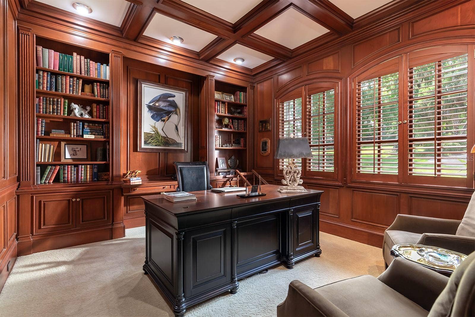 1351 N CLASSIC COURT, Longwood, FL 32779 Library/ office with solid CHERRY WOOD lined walls, shutters & coffered ceiling can be used for the 5th bedroom.