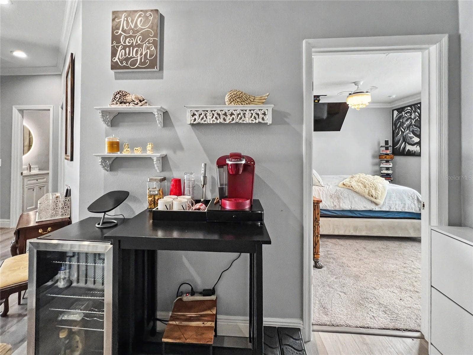 Coffee bar area with fridge
