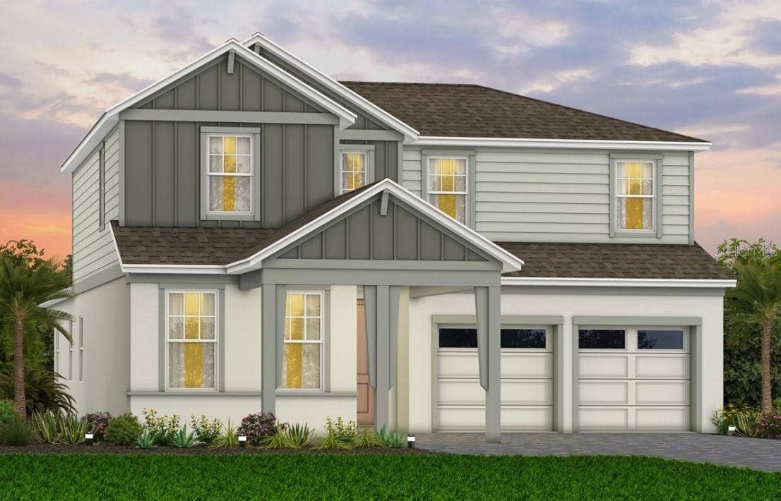 346 CRYSTAL WOOD DRIVE, Winter Garden, FL 34787 Exterior Design. Artistic rendering for this new construction home. Pictures are for illustrative purposes only. Elevations, colors and options may vary.