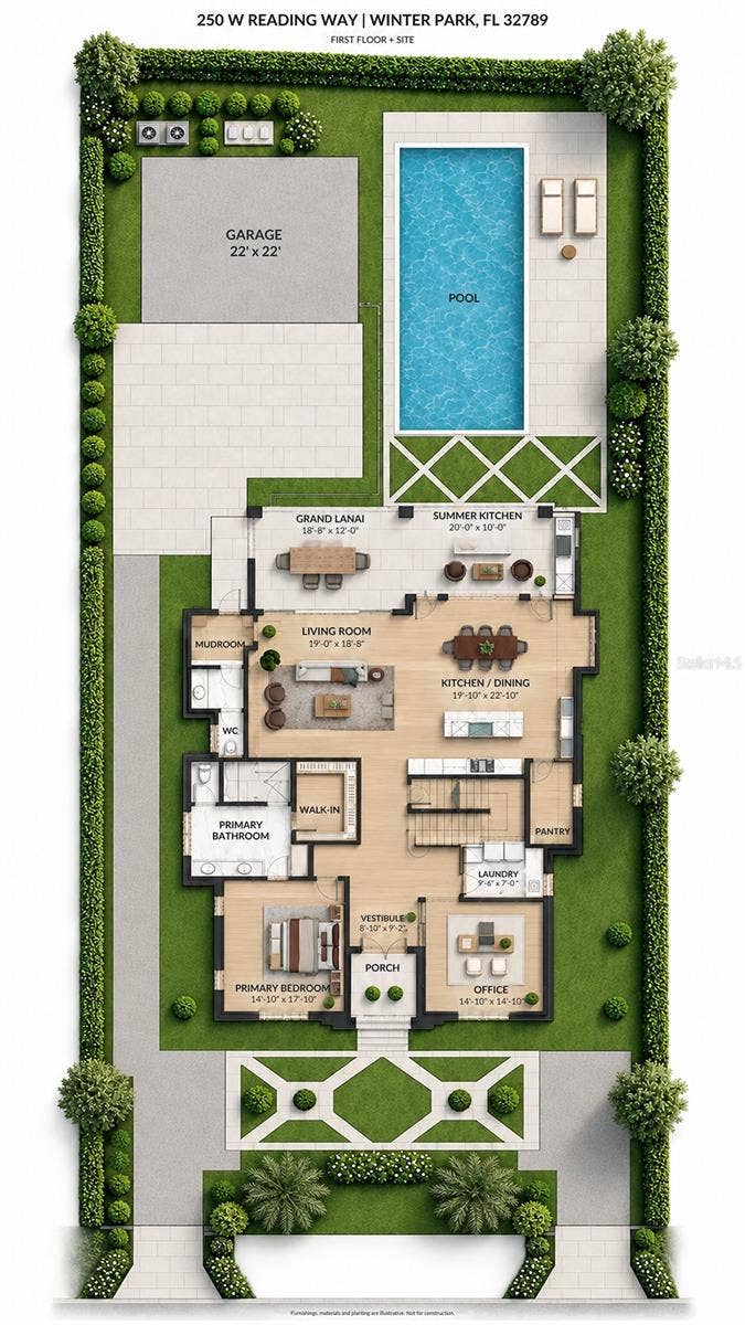 250 W READING WAY, Winter Park, FL 32789 First-floor rendering featuring a main-level primary suite, office, open living and kitchen/dining areas, lanai and summer kitchen. Furnishings, finishes and landscaping are illustrative; dimensions approximate.