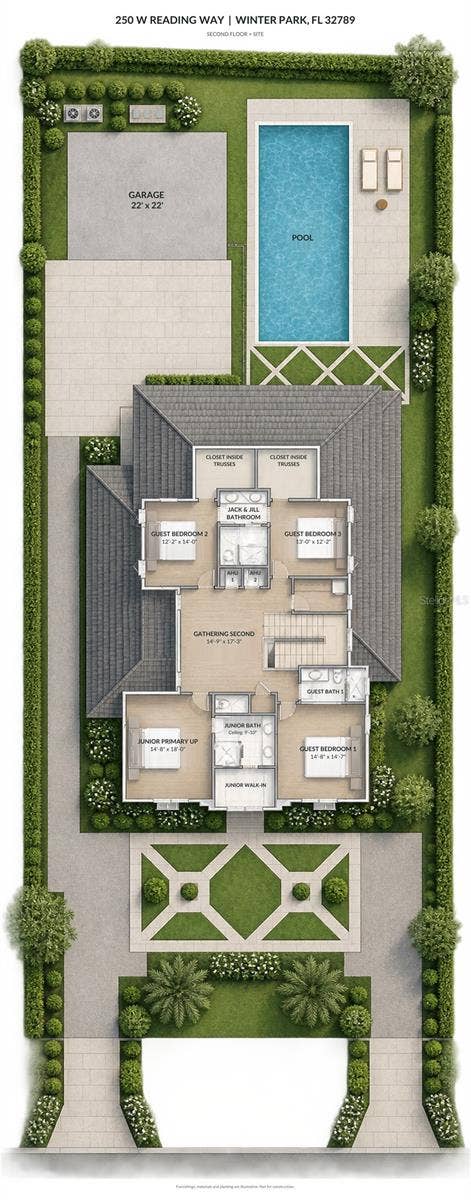 250 W READING WAY, Winter Park, FL 32789 Second-floor rendering featuring a junior primary suite, three guest bedrooms, gathering room and Jack-and-Jill bath. Furnishings, finishes and landscaping are illustrative; dimensions approximate.