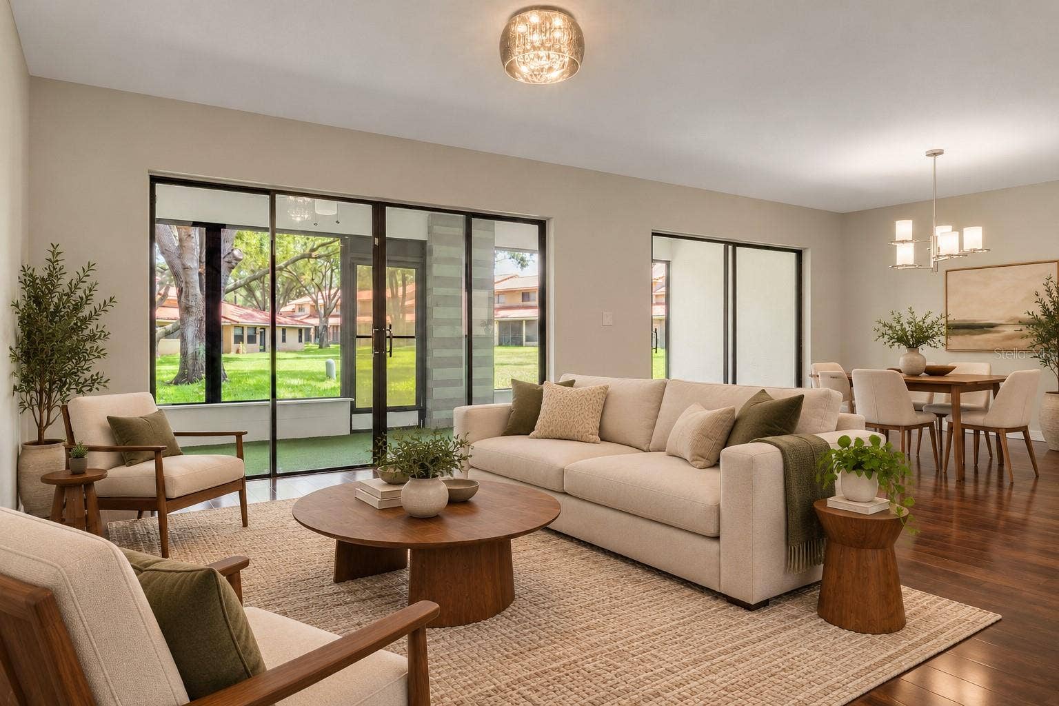 8235 AMBROSE COVE WAY, Orlando, FL 32819 Large sliding glass doors connect the living area to the screened lanai.