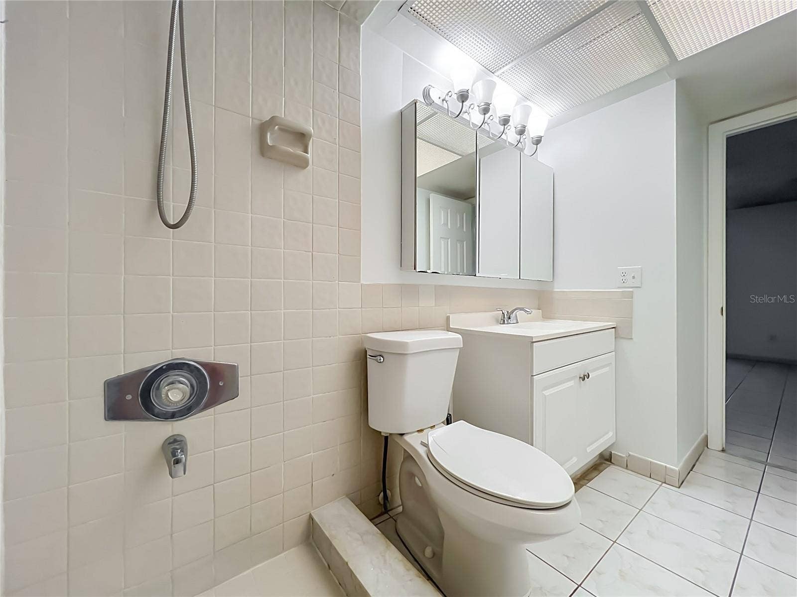 1225 CARRIAGE LANE, #1, Orlando, FL 32807 Primary bathroom features a walk-in shower with convenient grab bars.