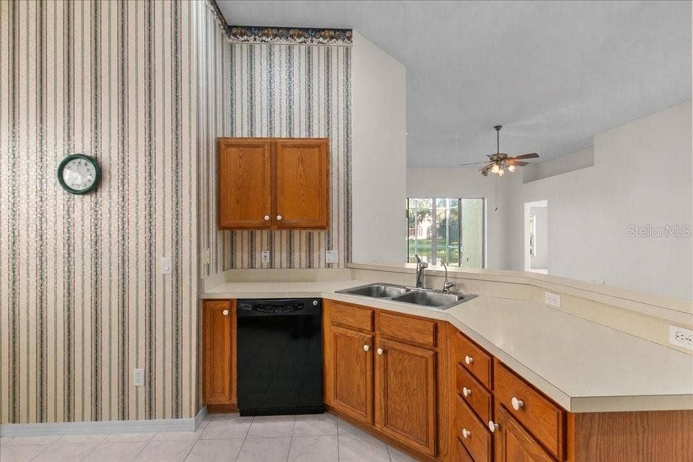 kitchen opens to family room