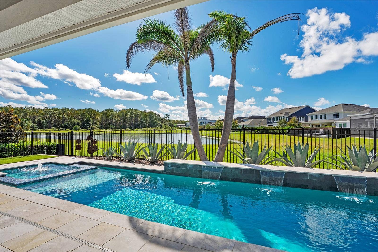8336 CANETTI STREET, Orlando, FL 32827 Self cleaning, heated salt water pool and spa surrounded by palms and blue skies.