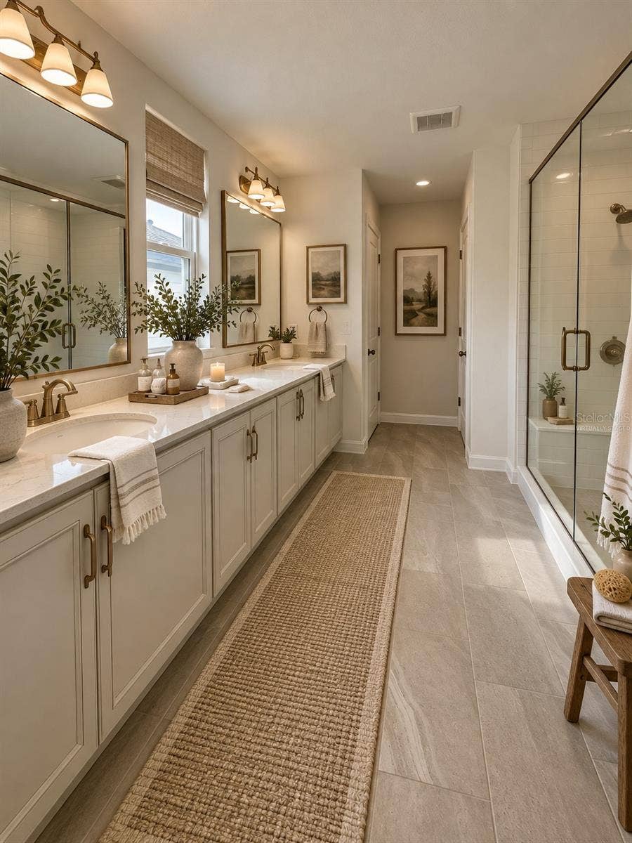 5714 CATTLE RANCH DRIVE, St Cloud, FL 34771 Virtually Staged. Indulge in the comfort of this spacious, beautifully appointed master bathroom, featuring elegant finishes, an expansive double-sink vanity, generous counter space, and a glass-enclosed walk-in shower. A perfect blend of modern luxury, functionality, and spa-inspired relaxation.AI Virtual Staging.