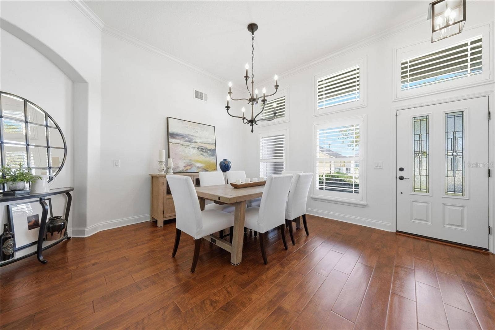 DINING ROOM WITH BEAUTIFUL POTTERY BARN CHANDELIER