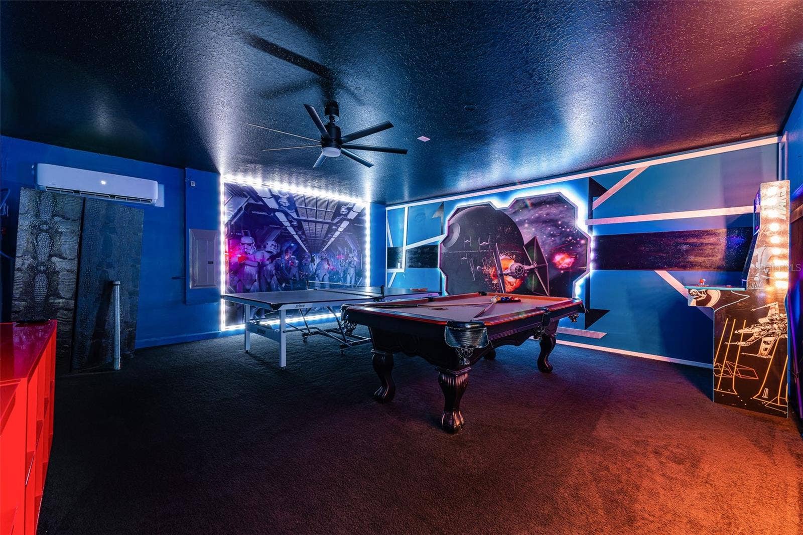 Game On! Air-Conditioned Garage Game Room with Integrated LED Lighting, Pool Table, Arcade Games and More