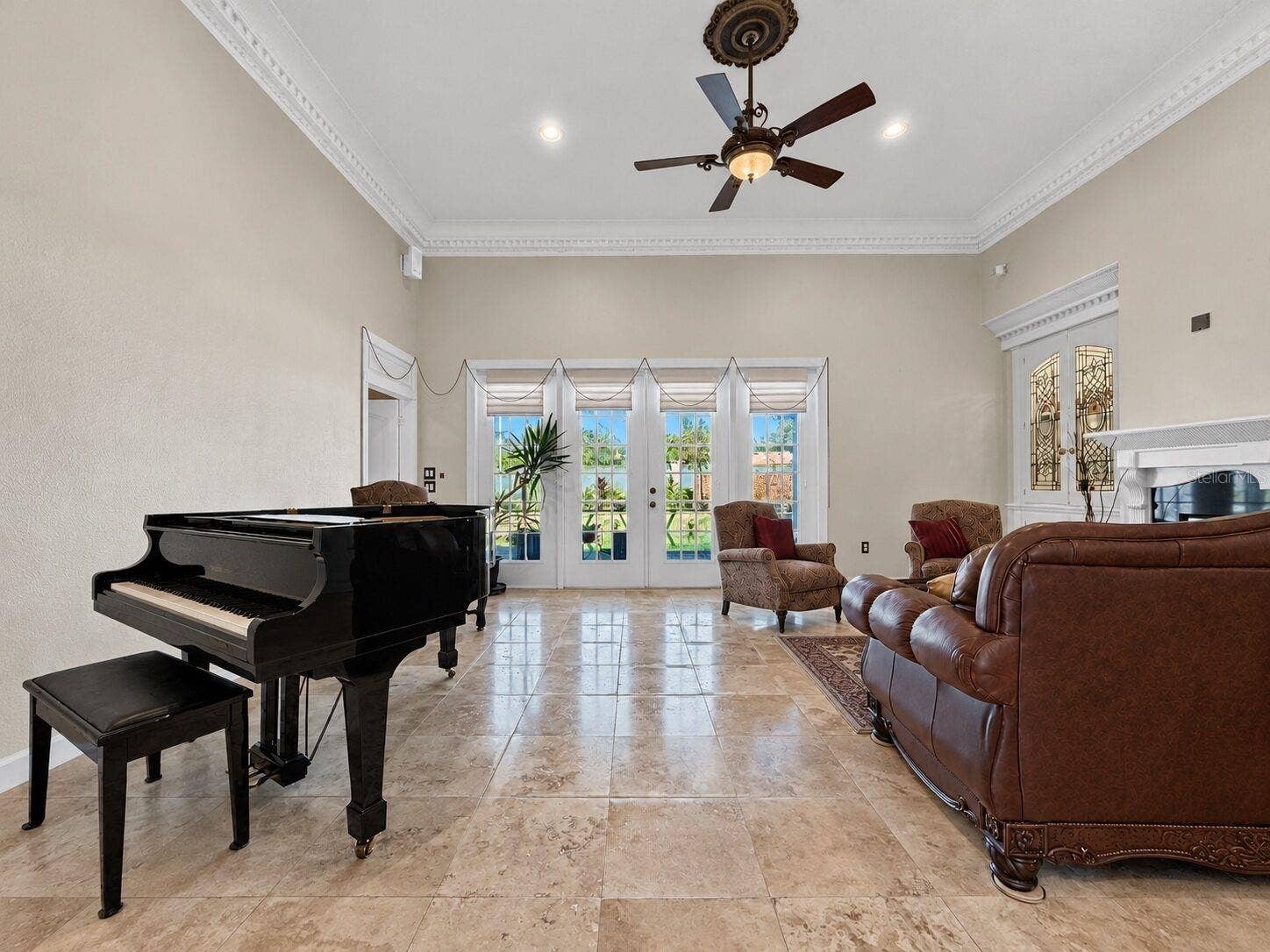 Living room with wood-burning fireplace
