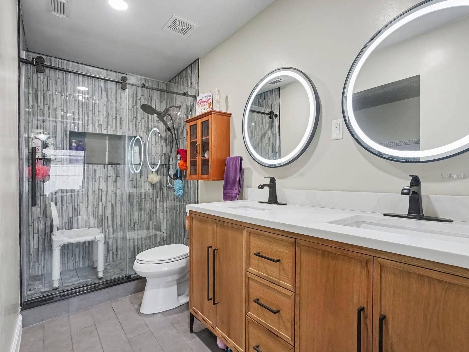 Master Bath with Dual Vanity, Large Mirror & Walk-In Shower
