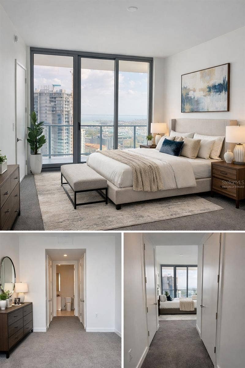 400 CENTRAL AVENUE, #2603, St Petersburg, FL 33701 Bedroom #3 with Ensuite Bathroom, Walk-In Closet and Access to 52' (Length) Balcony in the Sky - Virtually Staged