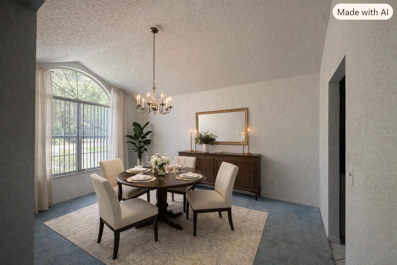 Virtually Staged-Dining Room with vaulted ceiling