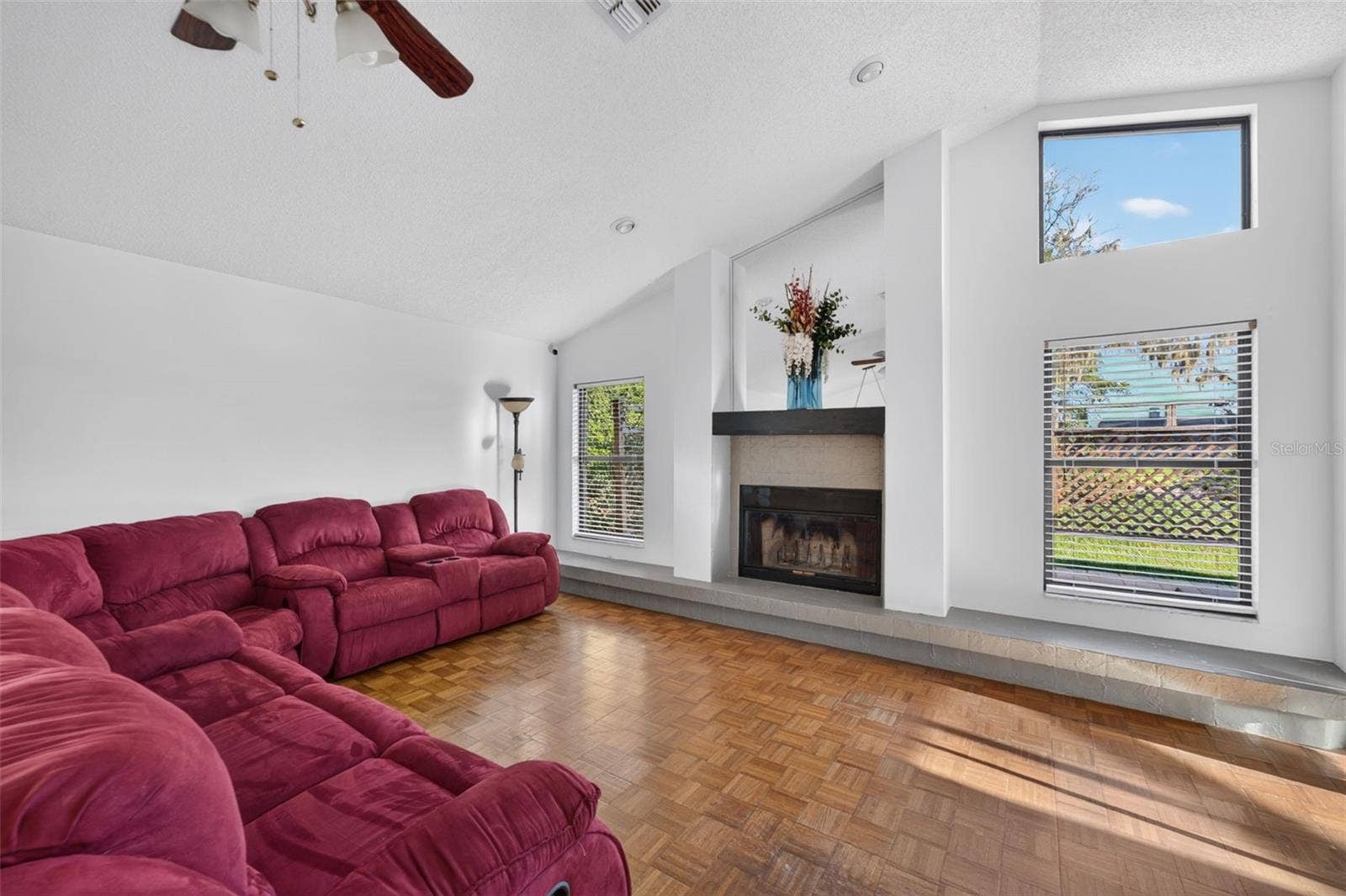 Family Room with wood-burning fireplace