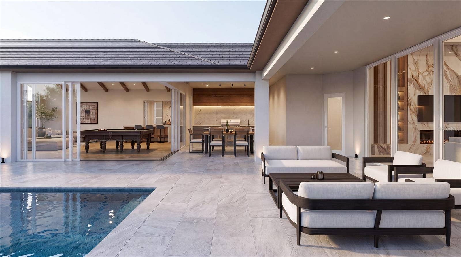 3654 HIDDEN RIVER LANE, Tavares, FL 32778 Huge Travertine deck and covered lanai for seamless daytime to evening entertaining