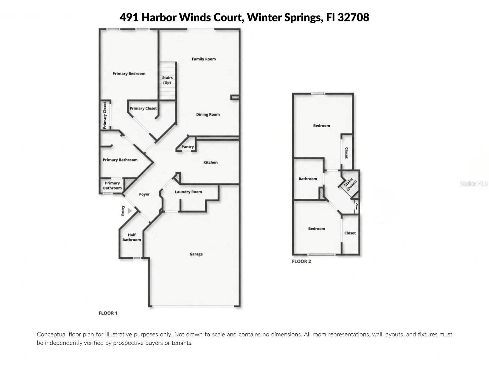 491 HARBOR WINDS COURT, Winter Springs, FL 32708 Conceptual floor plan for illustrative purposes only. Not drawn to scale and contains no dimensions. All room representations, wall layouts, and fixtures must be independently verified by prospective buyers or tenants.