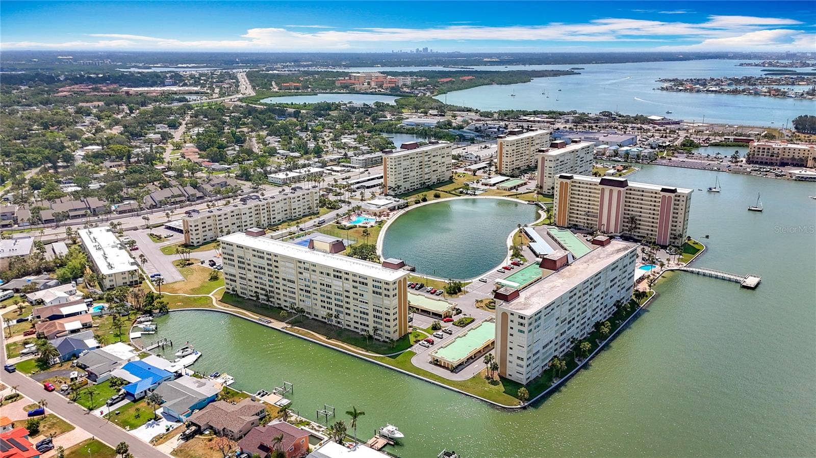 4725 COVE CIRCLE, #908, St Petersburg, FL 33708 Aerial view of the back of the Columbia building and the other buildings in Sea Tower.