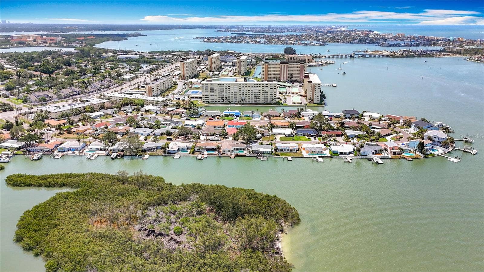 4725 COVE CIRCLE, #908, St Petersburg, FL 33708 This is the aerial view showing the back of the condo and great views it offers of the water while still being up high and protected from flood waters.