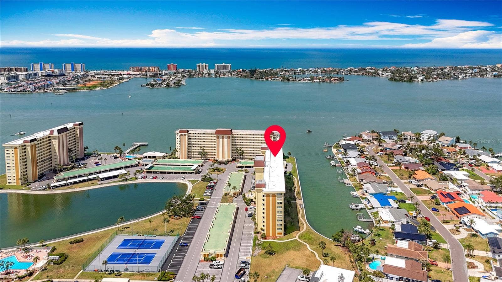 4725 COVE CIRCLE, #908, St Petersburg, FL 33708 The arrow shows you the spectular location of this building offering great water views!