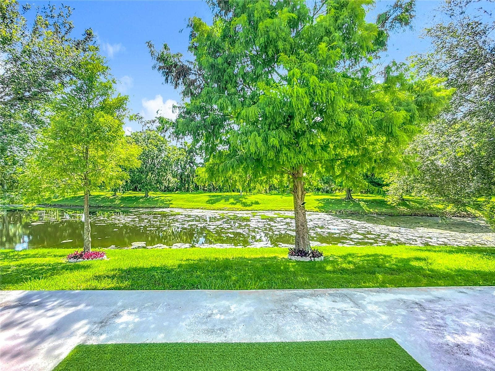 Backyard with a permit view of the pond.