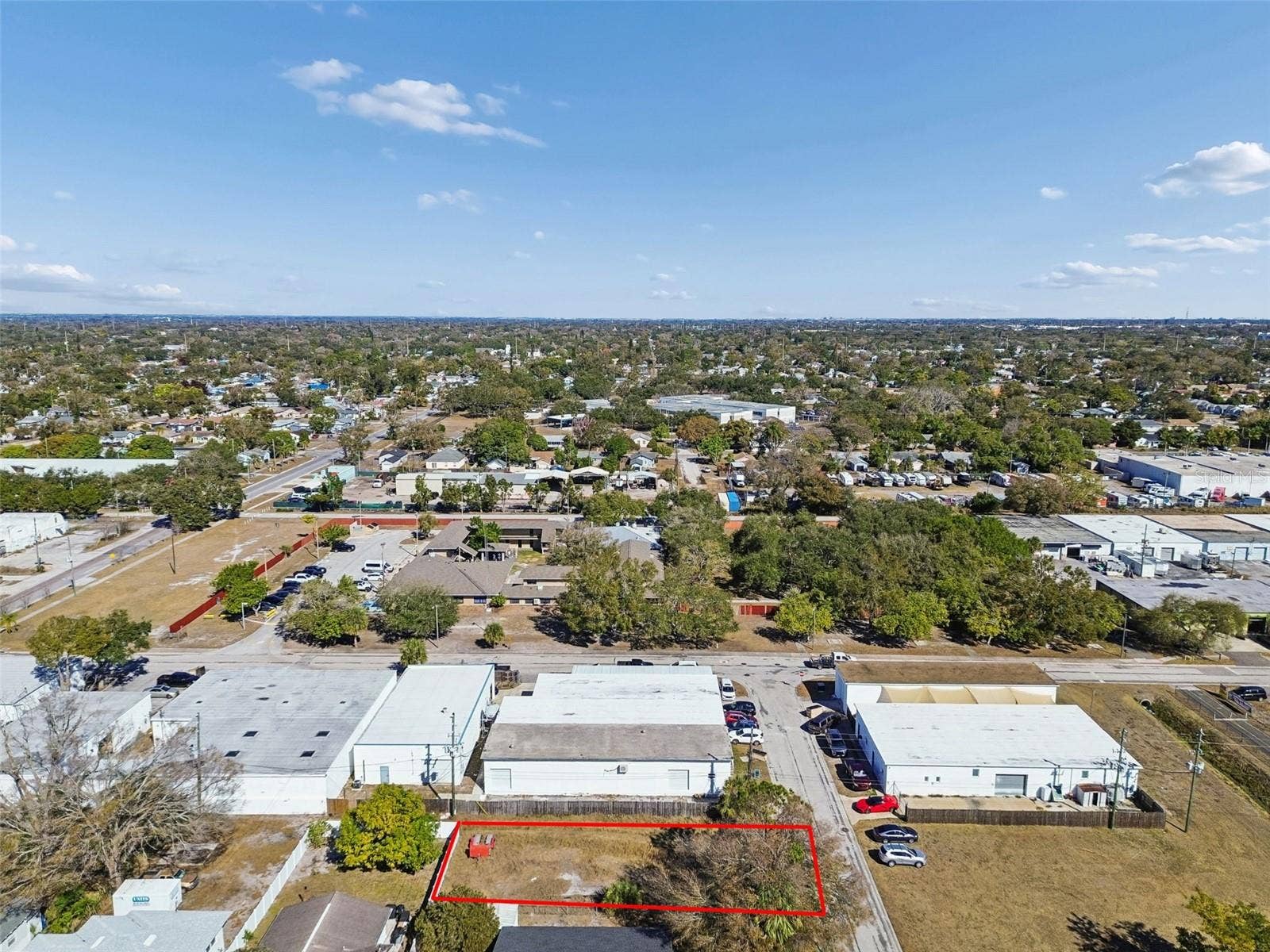 Aerial view highlighting the property and its location within St. Petersburg city limits.