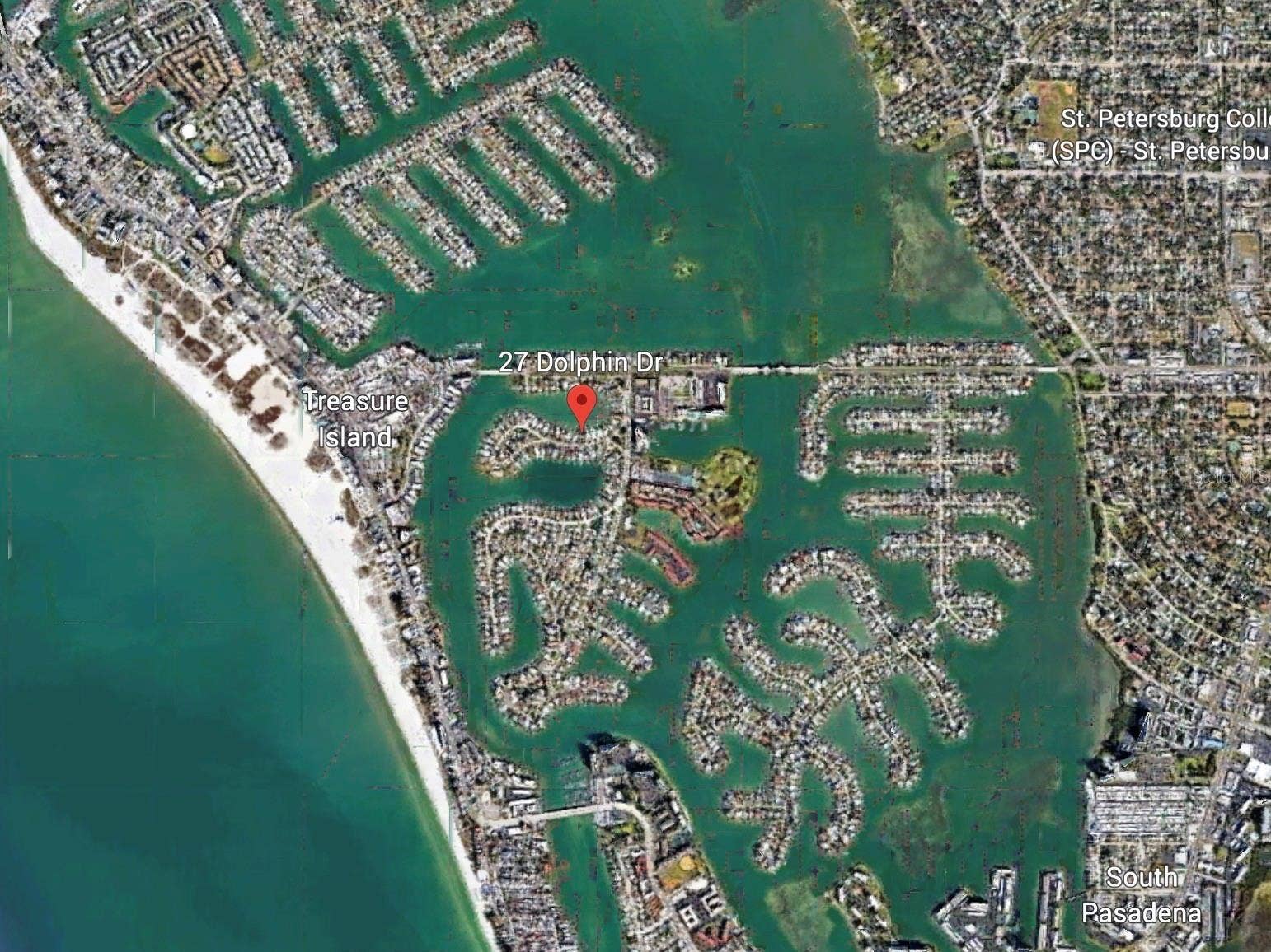 27 DOLPHIN DRIVE, Treasure Island, FL 33706 Google Earth view located just across the bridge from Treasure Island Beach. Close enough to walk.