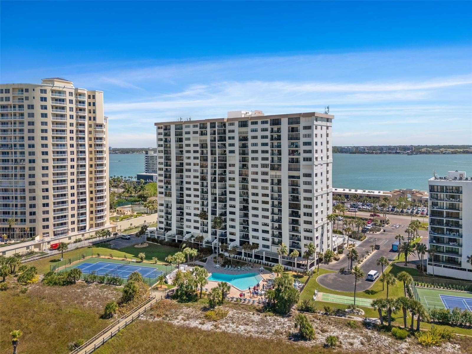 1230 GULF BOULEVARD, #303, Clearwater Beach, FL 33767 Rear of building faces west to the beach. Landmark Tower One is situated on Sand Key between the Intercoastal waterway and the Gulf.