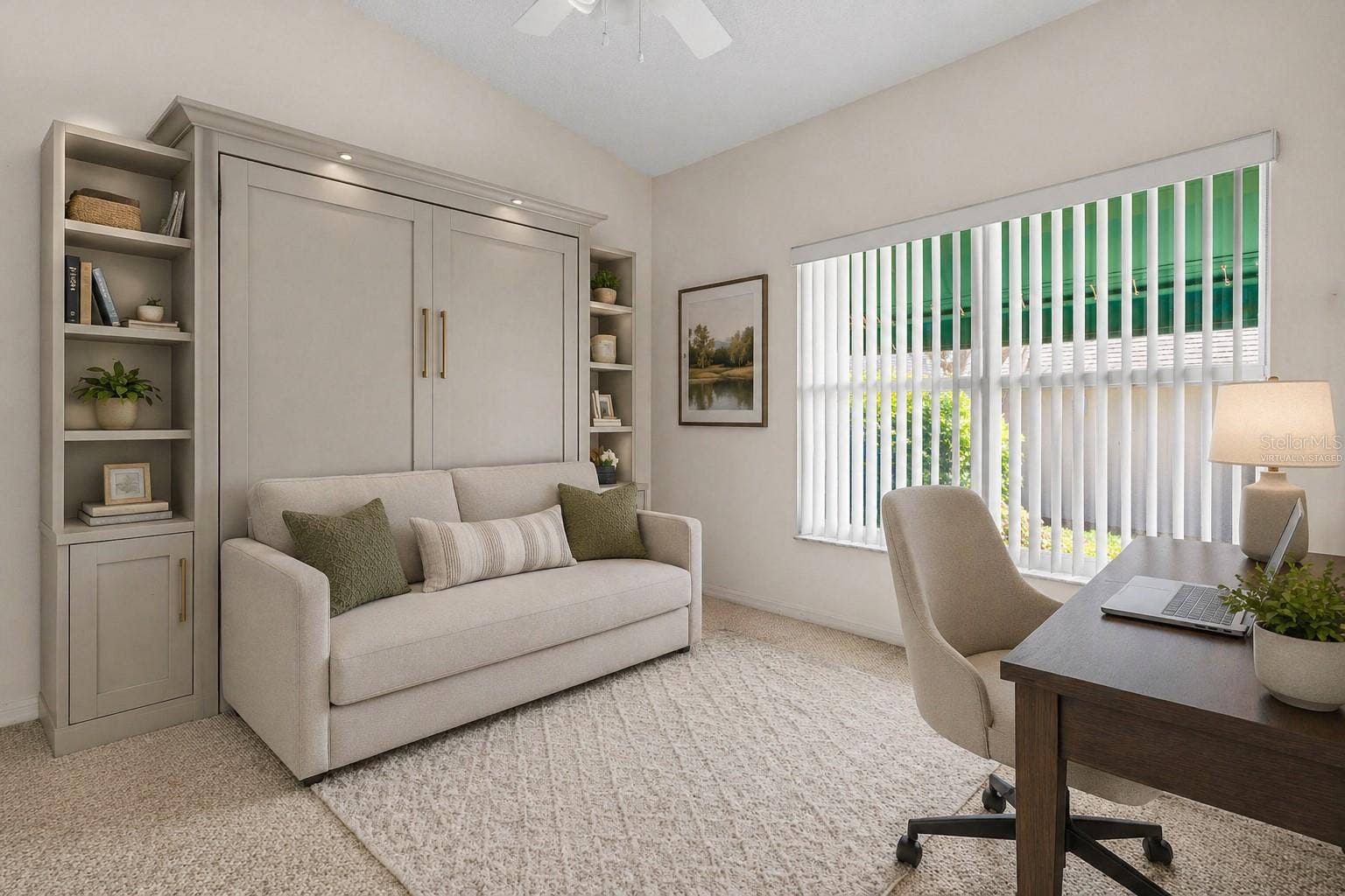 Versatile secondary bedroom with a large window for natural light, carpeted flooring, neutral tones, and a ceiling fan, offering flexibility as a guest room, home office, or additional living space. This photo has been virtually staged.