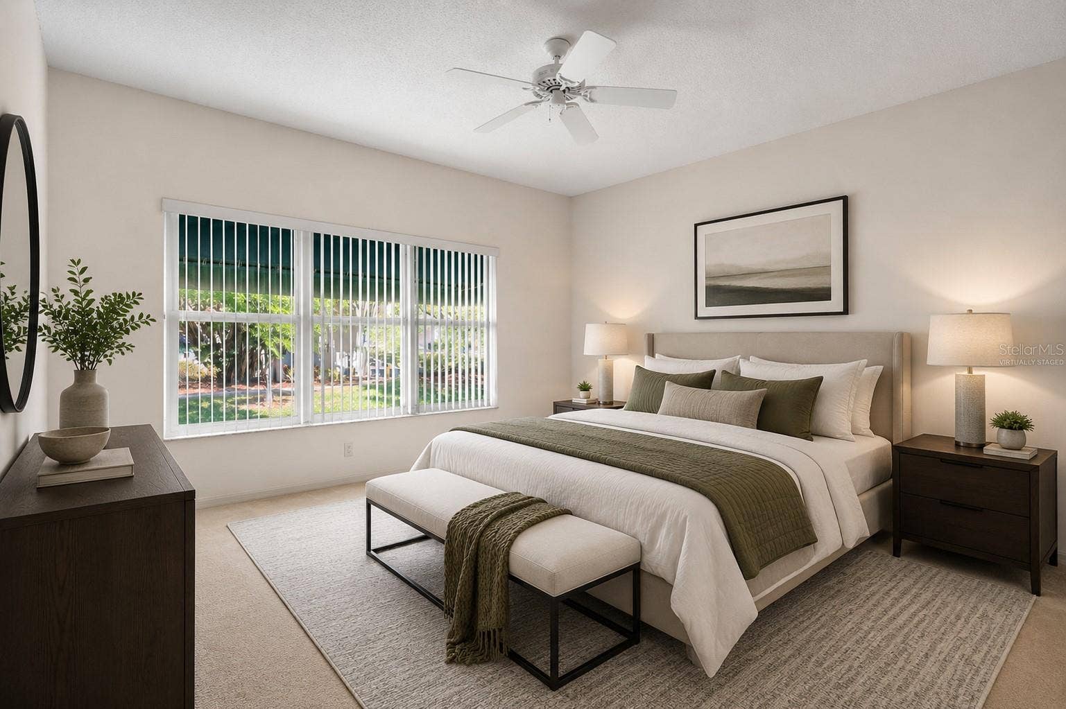 Generously sized primary bedroom with ample wall space for a full furniture layout and flexibility in room design. This photo has been virtually staged.