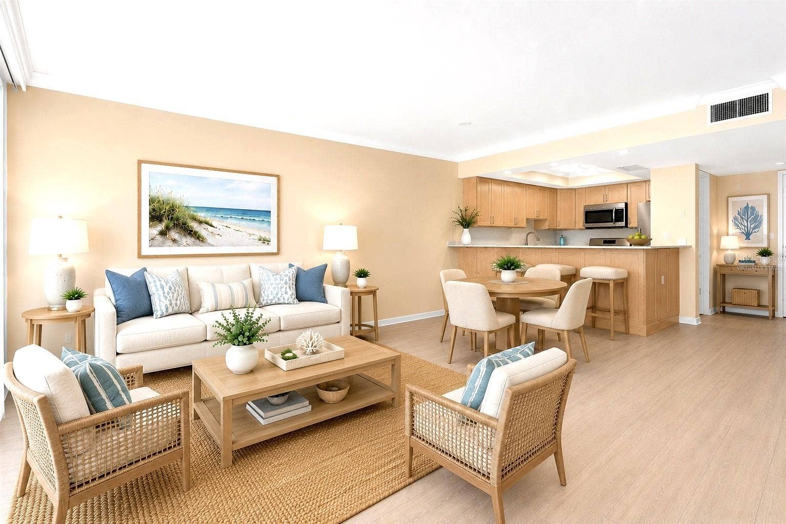 450 TREASURE ISLAND CAUSEWAY, #102, Treasure Island, FL 33706 Living area through kitchen virtually staged