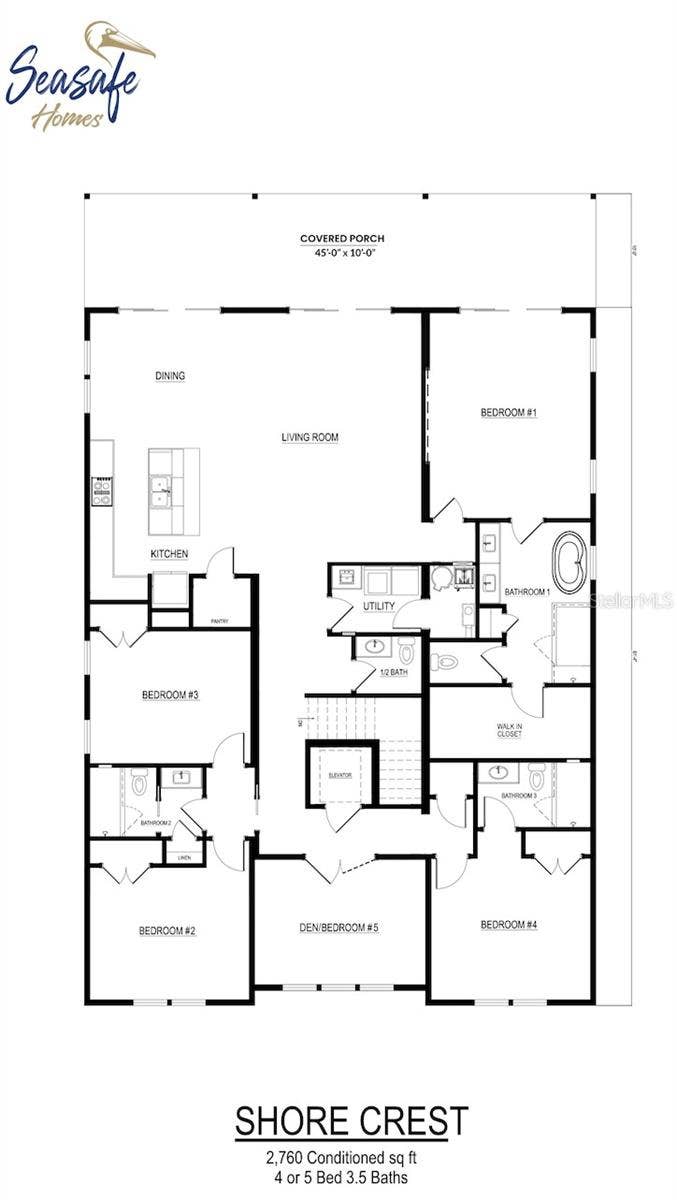 Floor plan of the main living floor of a SeaSafe home you can build on this lot (other models and floor plans available).