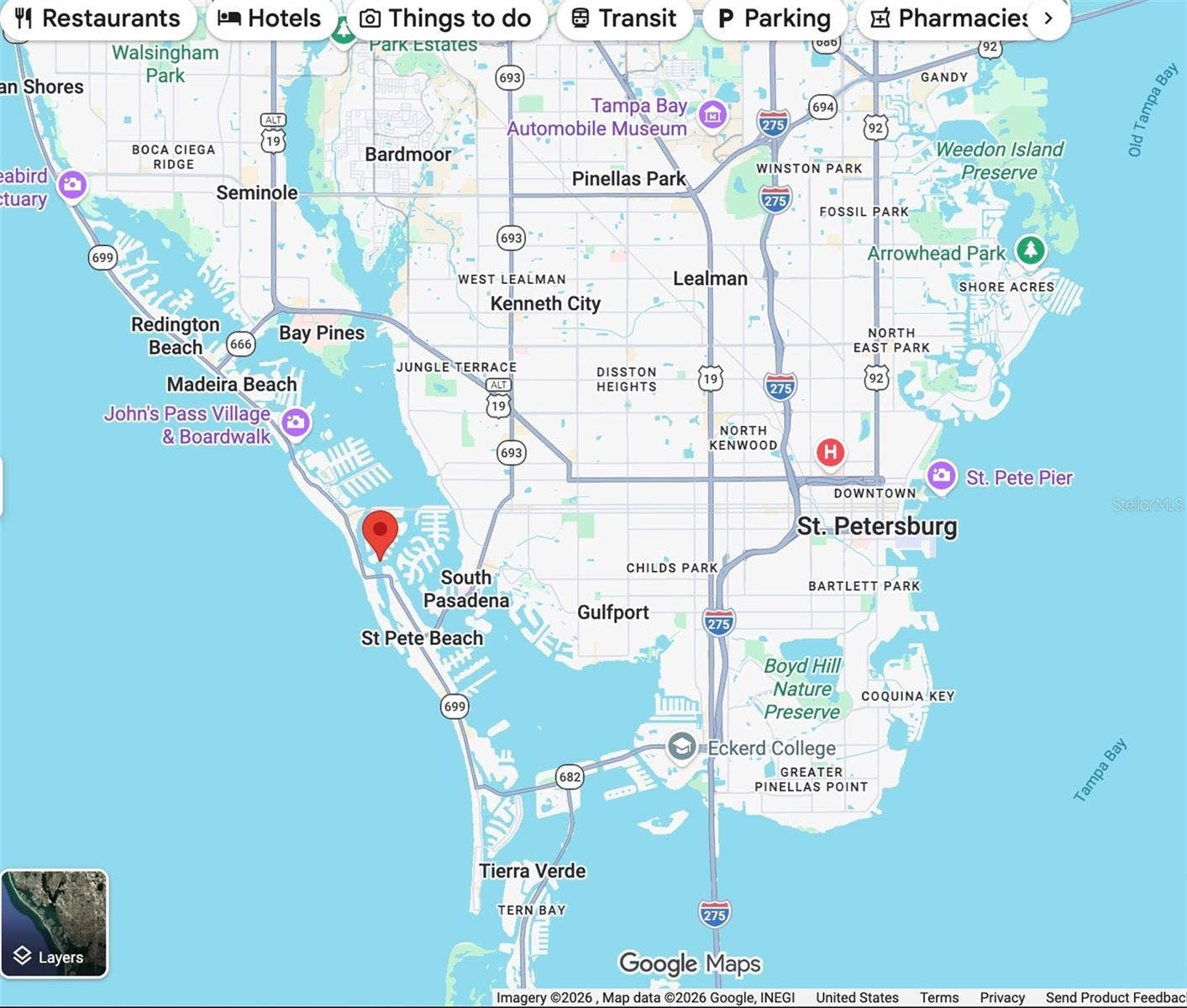 Map of Paradise Island surrounded by the Intracoastal and Gulf with the restaurants of downtown Saint Petersburg only a few miles away via Central Avenue.