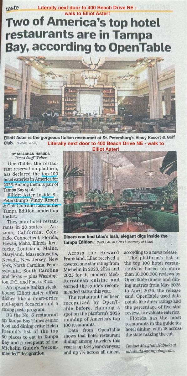 Open Tables TOP 100 eateries in America in a hotel - one, Elliot Aster is right next door!