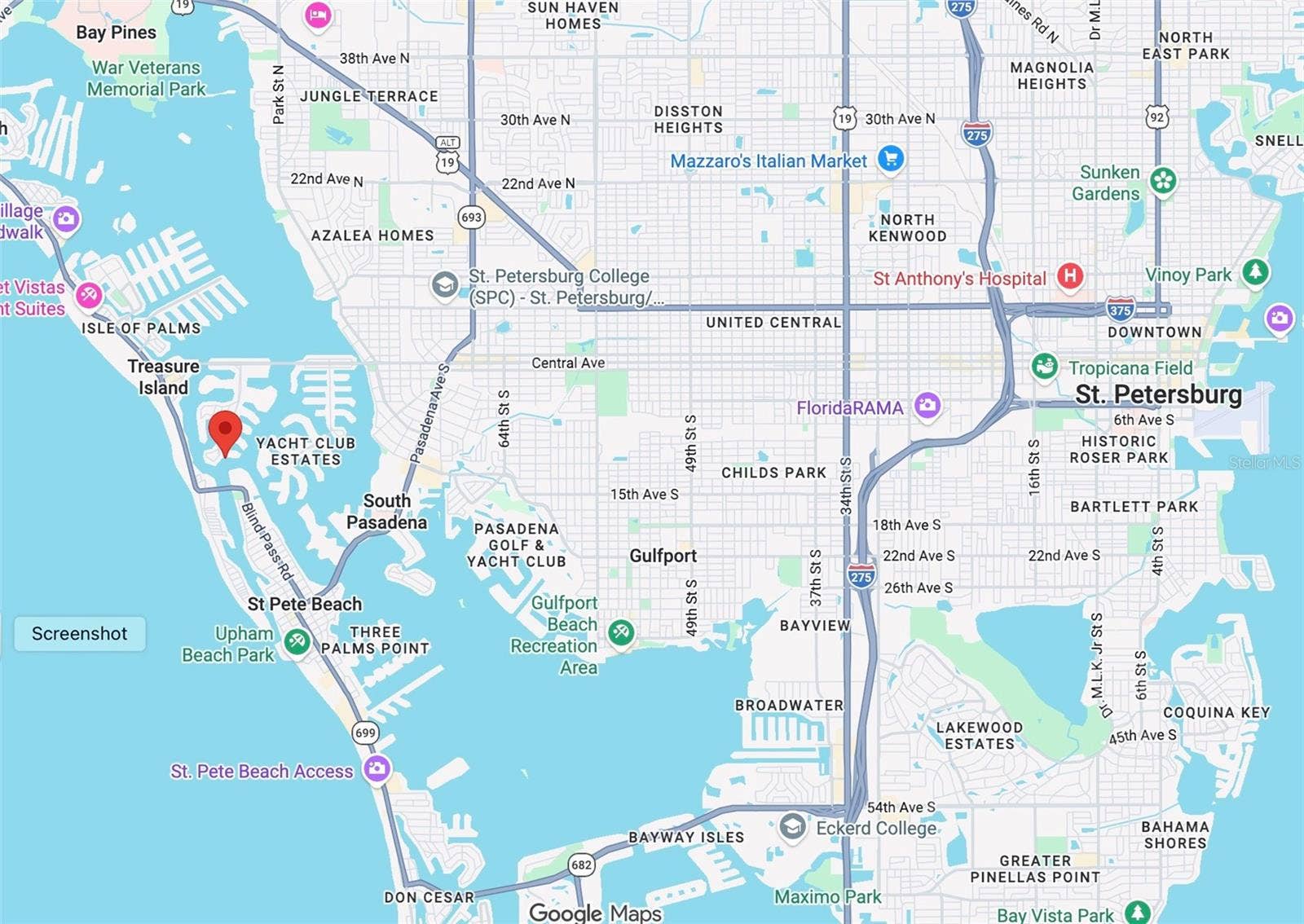 Map of Paradise Island surrounded by the Intracoastal and the Golf of Mexico with the restaurants of downtown St. Petersburg only 6 to 8 miles away via Central Avenue.