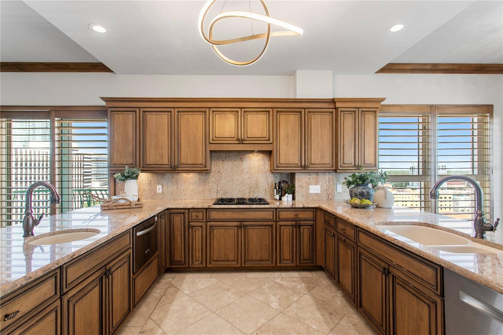 Kitchen gas range, windows