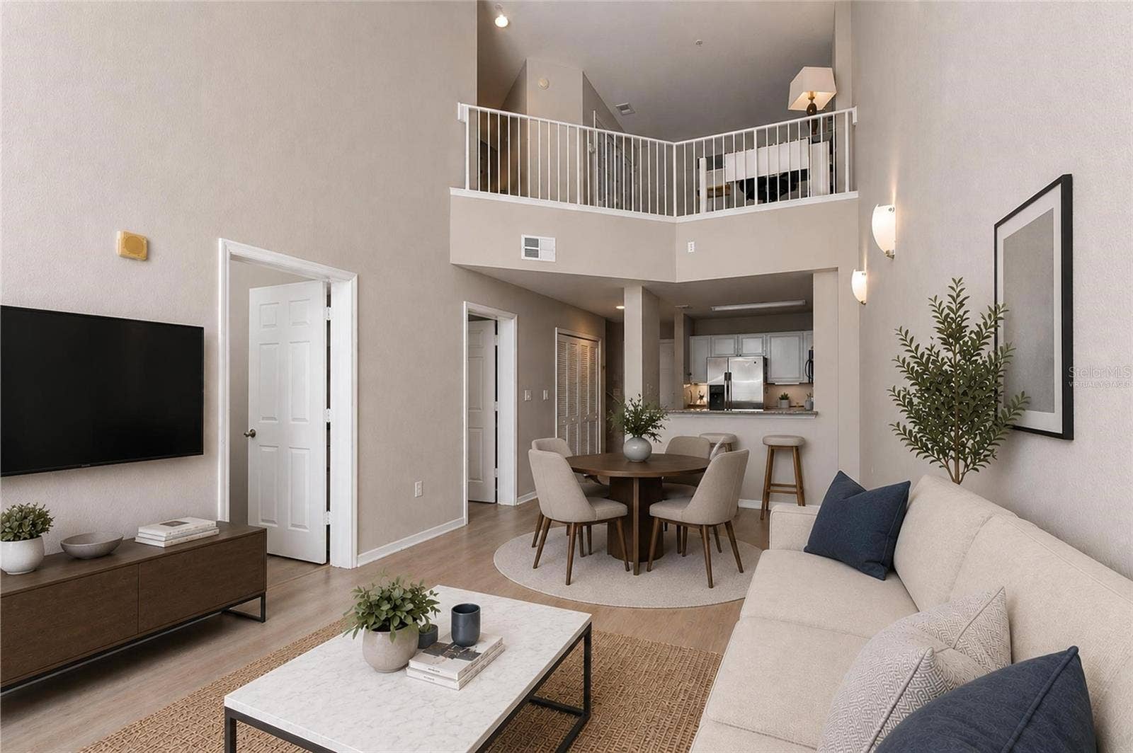 700 S HARBOUR ISLAND BOULEVARD, #137, Tampa, FL 33602 Virtually Staged - Open Concept view of family room, dining, kitchen and 18ft tall ceilings, loft