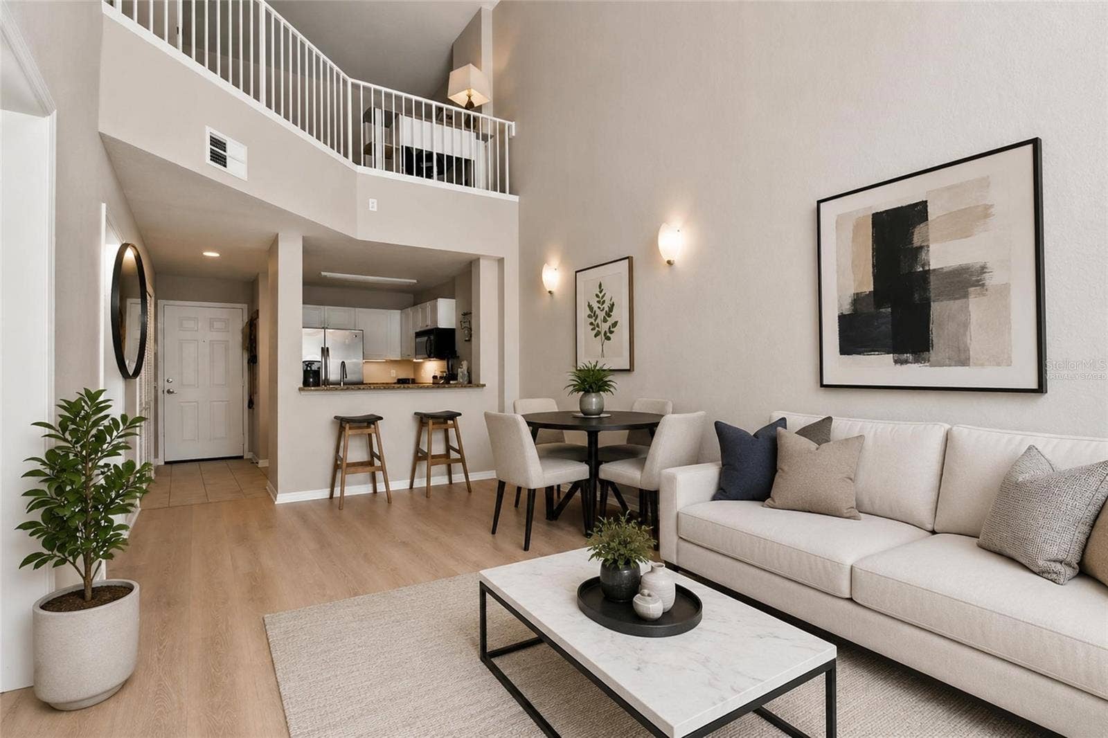 700 S HARBOUR ISLAND BOULEVARD, #137, Tampa, FL 33602 Virtually Staged - Open Concept view of family room, dining, kitchen and 18ft tall ceilings, loft