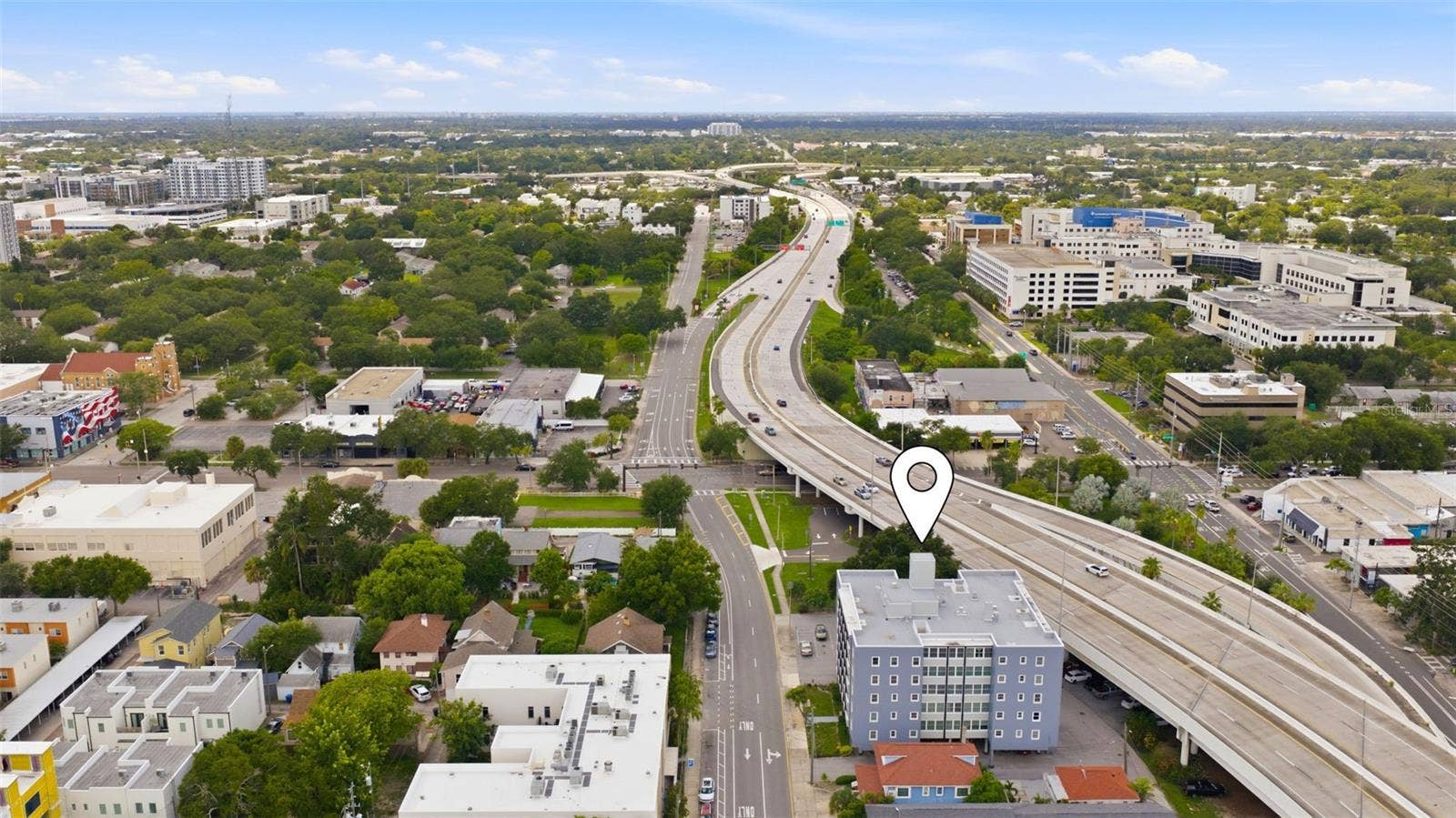 841 4TH AVENUE N, #27, St Petersburg, FL 33701 Aerial view highlighting Suncoast Towers and its convenient location near Downtown St. Petersburg with easy access to I-275.